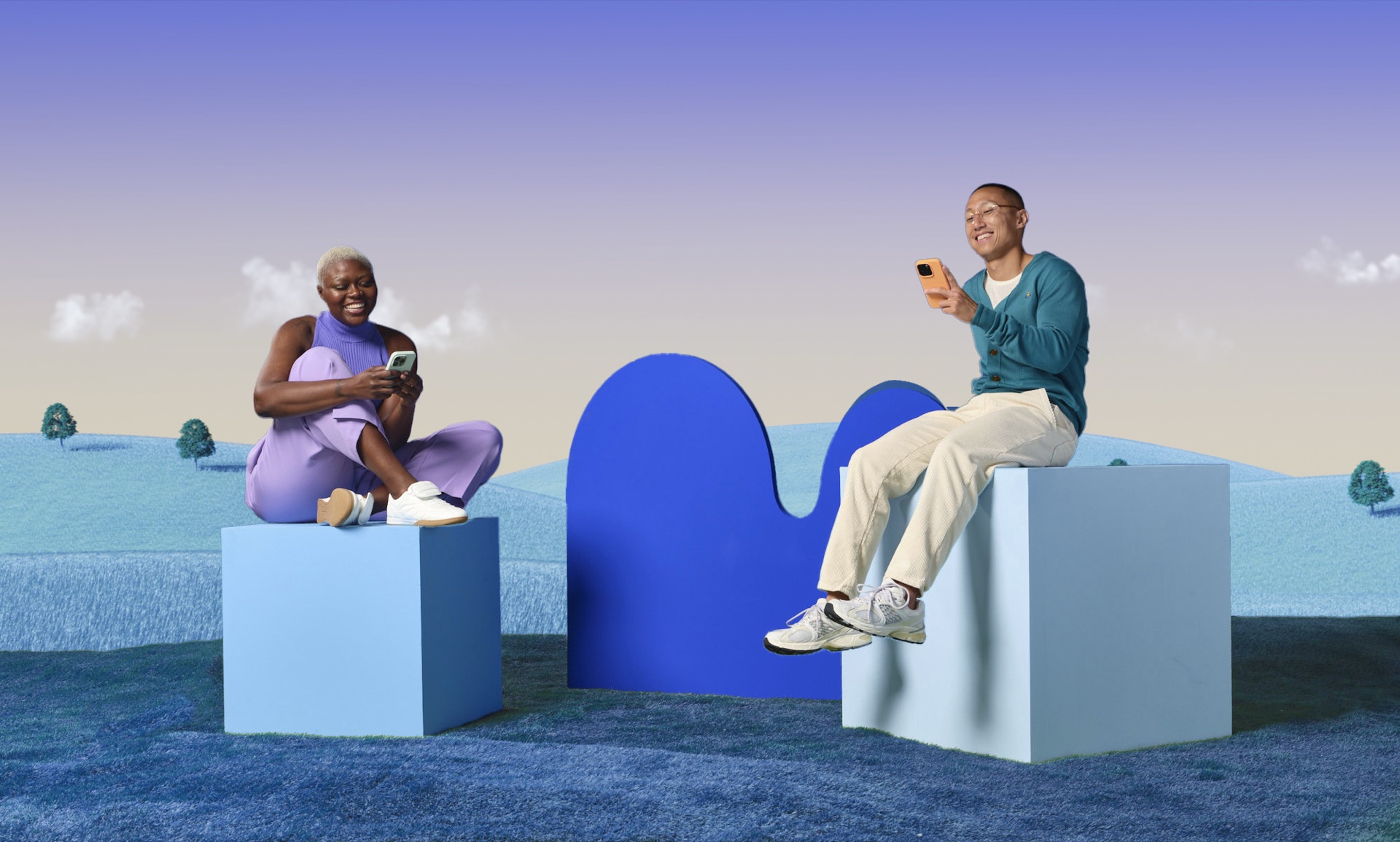 Visible campaign: two people on blue cubes using smartphones
